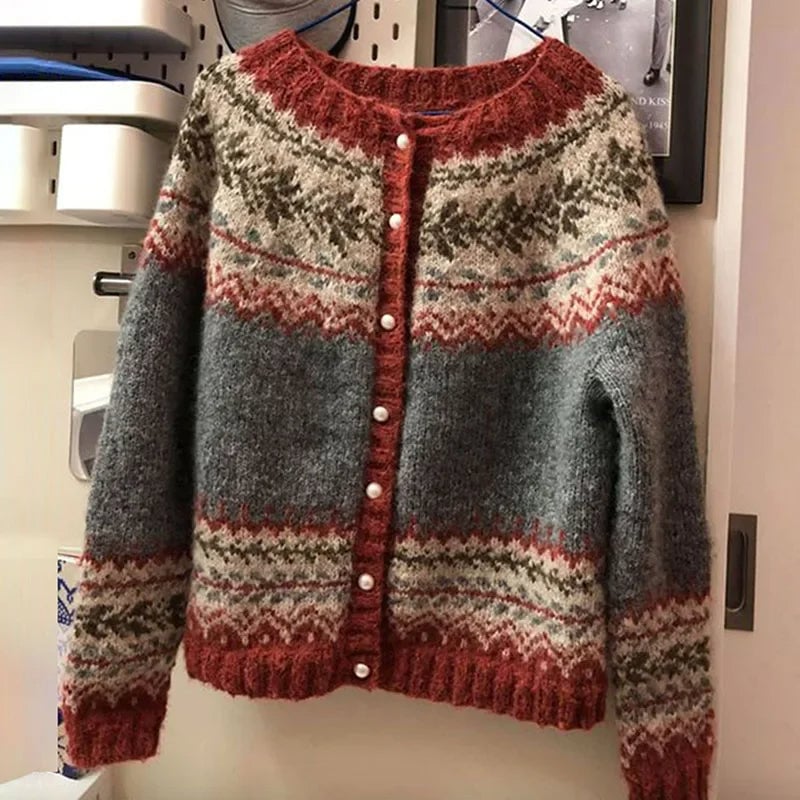 Enora | Cardigan Jacquard Rayé Rouge et Gris
