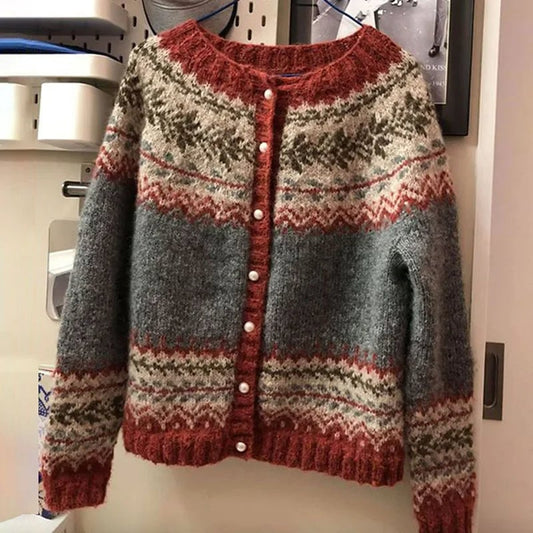 Enora | Cardigan Jacquard Rayé Rouge et Gris