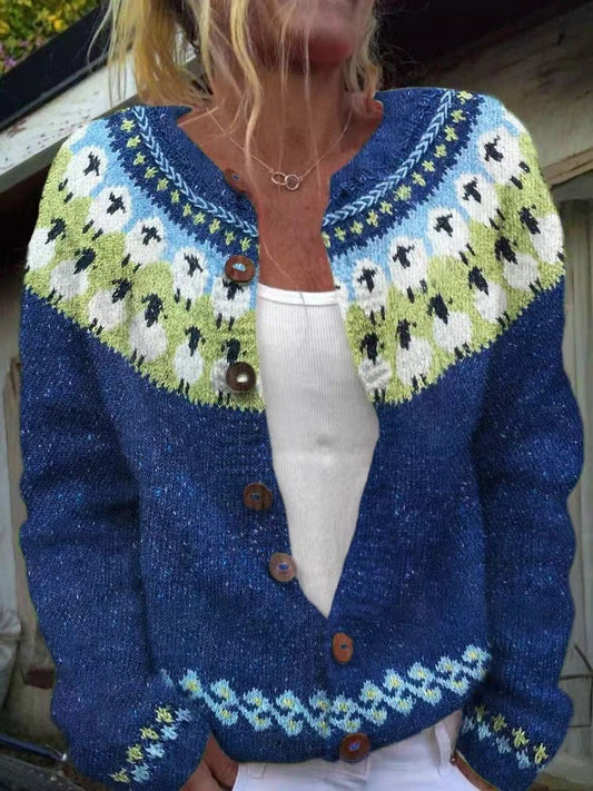 Euphrasie | Cardigan Jacquard Bleu Roi et Vert Anis