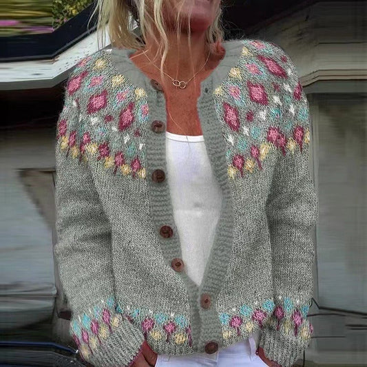 Pétronille | Cardigan Jacquard à Roses Vert Sauge