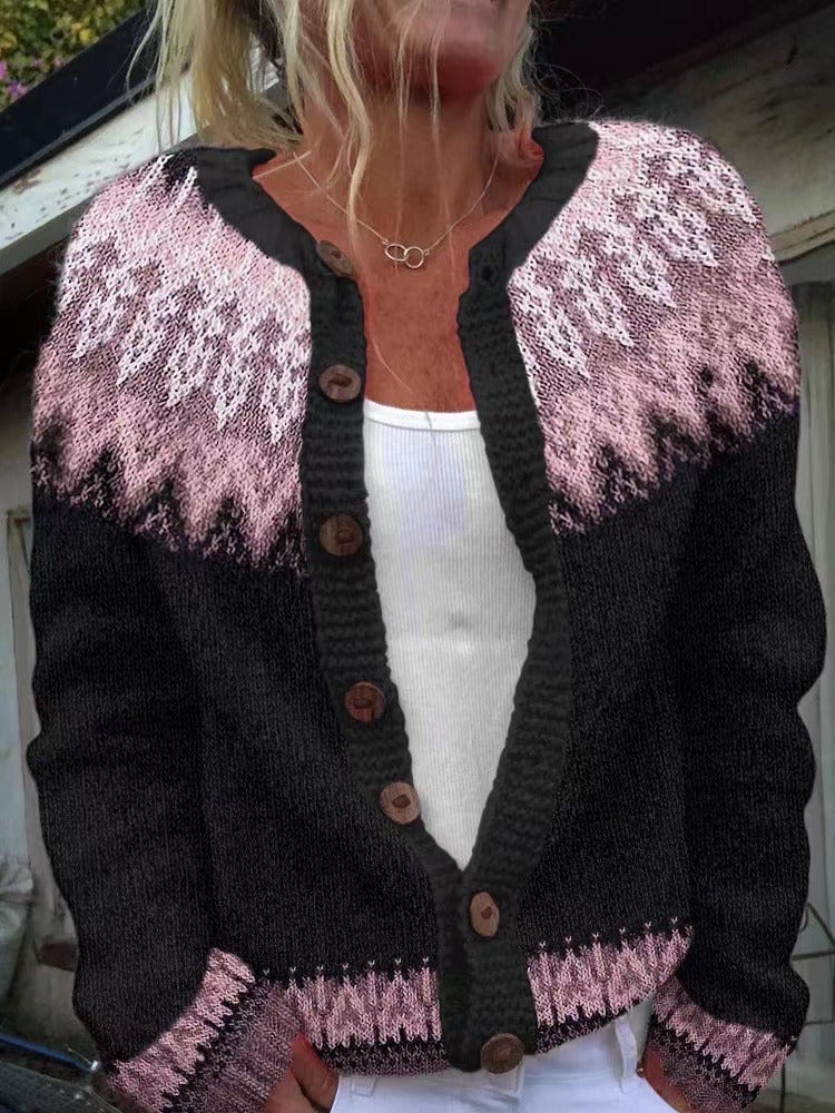 Josette | Cardigan Jacquard Noir et Rose