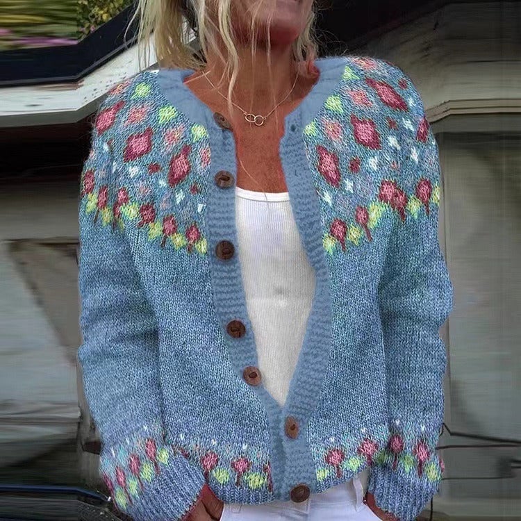 Carmen | Cardigan Jacquard à Roses Bleu Ciel