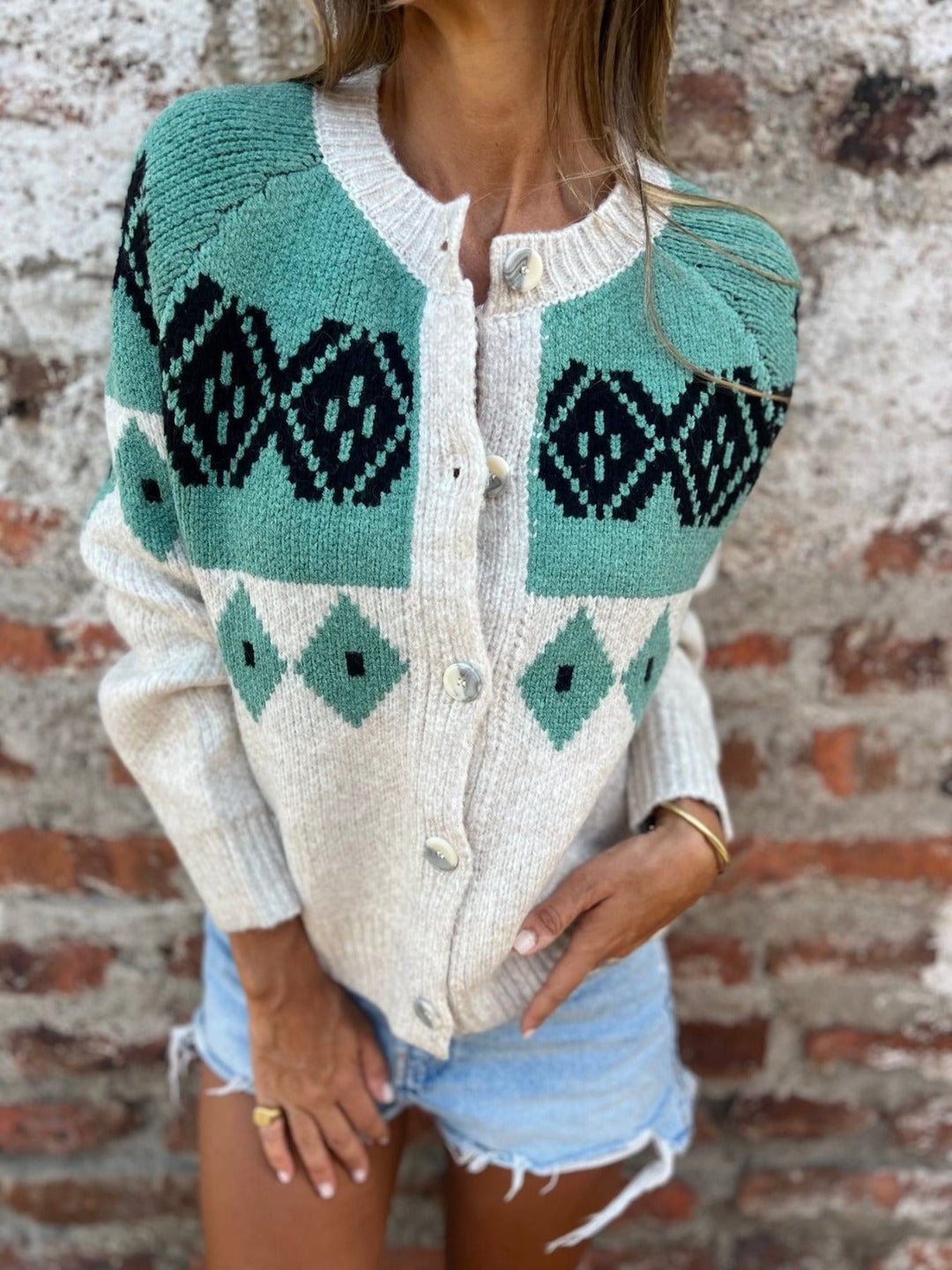 Katell | Cardigan Jacquard Losanges Écru et Turquoise