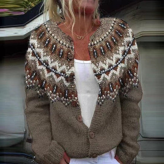 Francine | Cardigan Jacquard Ethnique Taupe