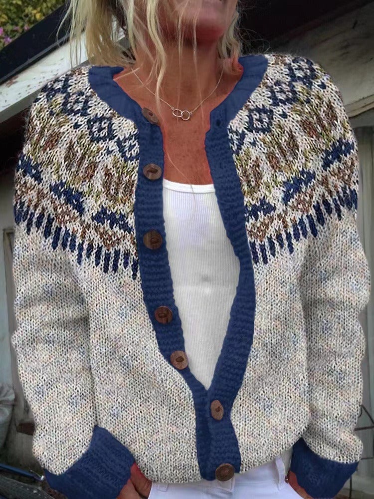 Guillemette | Cardigan Jacquard Écru Bordé Marine