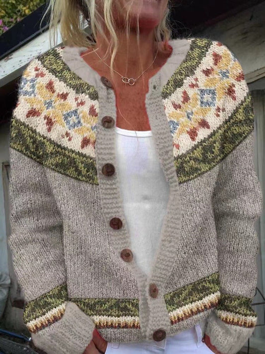 Sylviane | Cardigan Jacquard Gris Fleuri Jaune et Vert