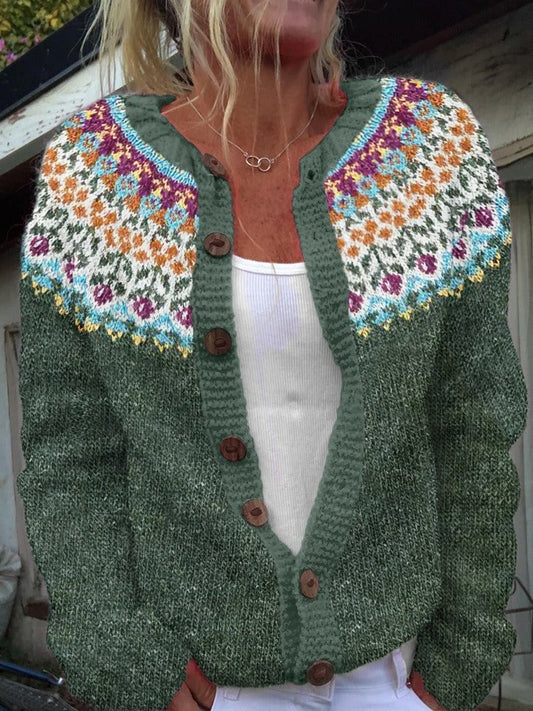 Rozenn | Cardigan Jacquard Fleuri Vert Forêt