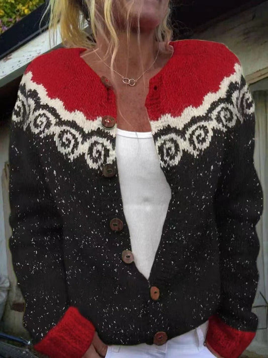 Soizic | Cardigan Jacquard Volutes Noir et Rouge