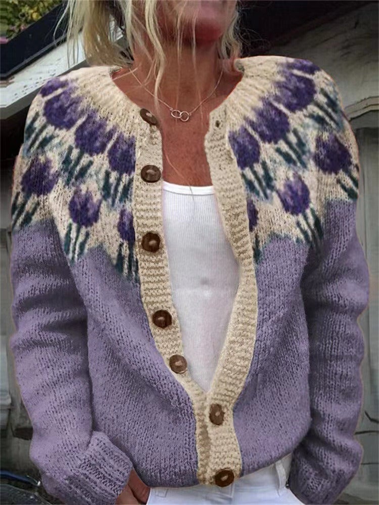 Marjolaine | Cardigan Jacquard à Tulipes Lavande