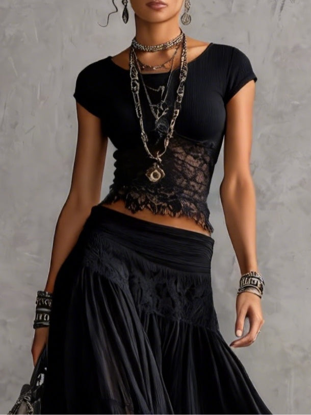Ensemble Noir Top en Dentelle Semi-Transparente et Jupe Maxi Plissée