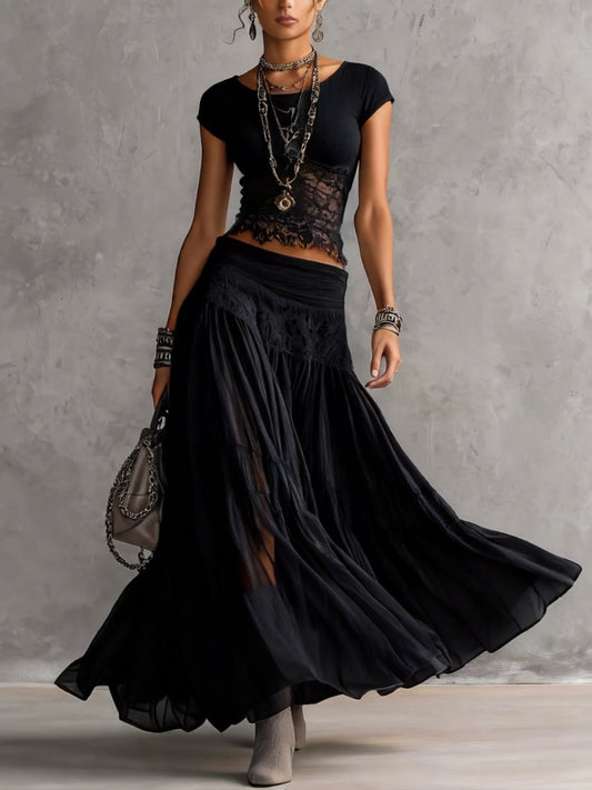 Ensemble Noir Top en Dentelle Semi-Transparente et Jupe Maxi Plissée