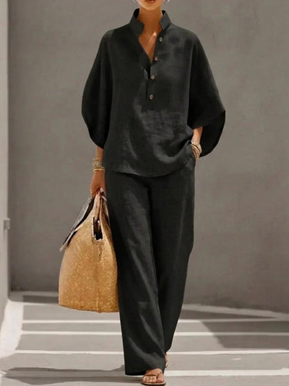 Maribel | Ensemble Deux Pièces en Lin à Manches Chauve-Souris et Pantalon Large