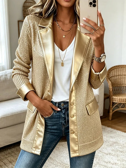 VICTOIRE | Blazer en maille dorée avec liserés en similicuir