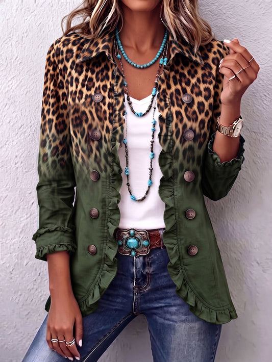 ISABELLE | Blazer léopard vert à volants