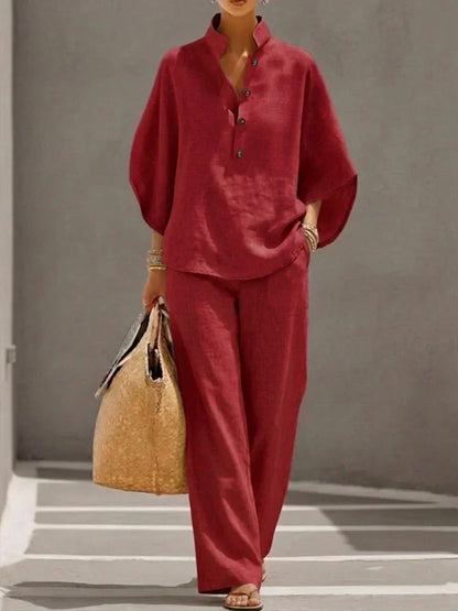Maribel | Ensemble Deux Pièces en Lin à Manches Chauve-Souris et Pantalon Large