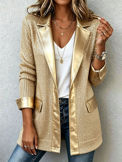 VICTOIRE | Blazer en maille dorée avec liserés en similicuir
