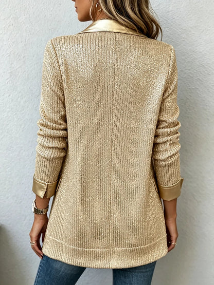 VICTOIRE | Blazer en maille dorée avec liserés en similicuir